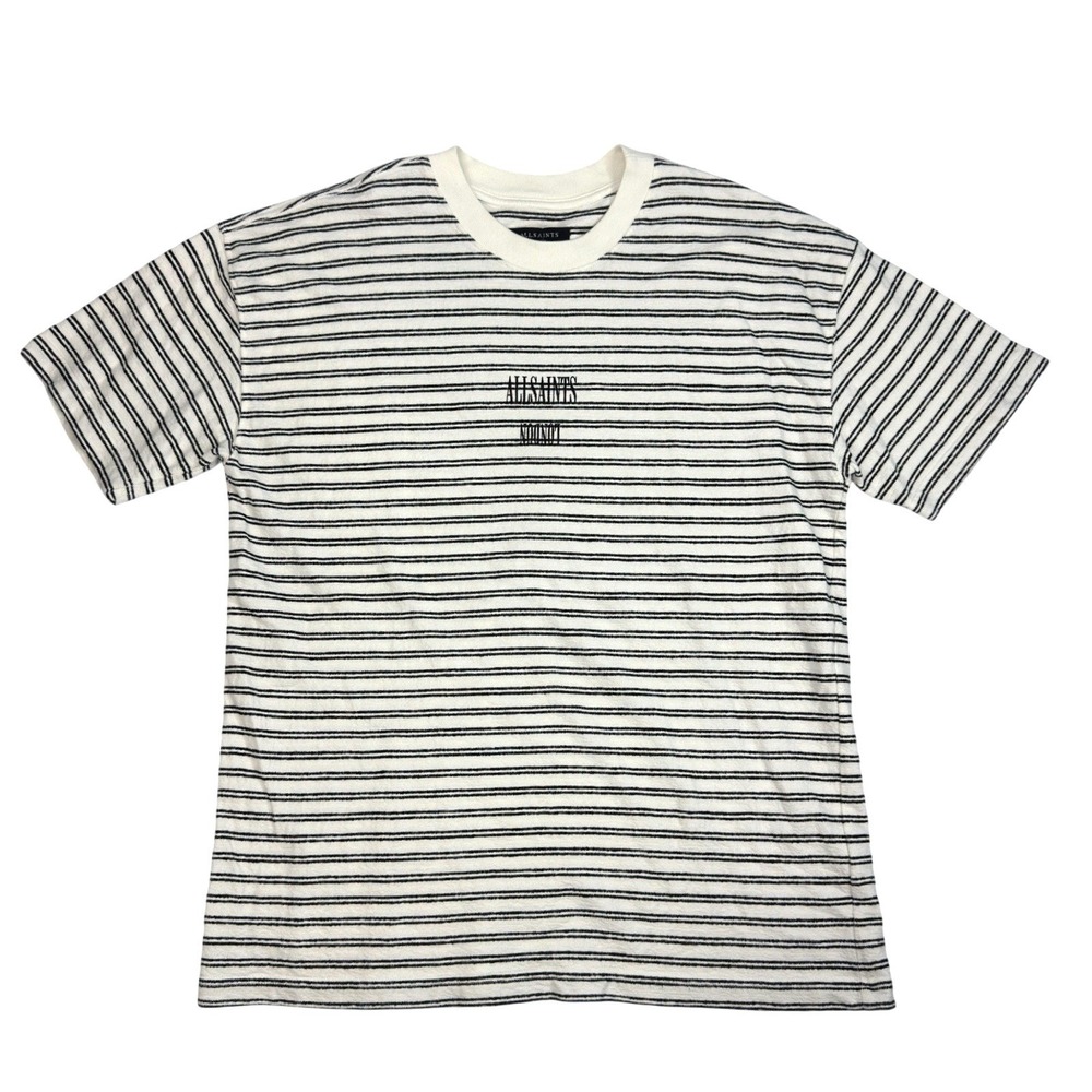 AllSaints Subverse T-Shirt Mens Size M Oversized Fit Striped‎ Logo White